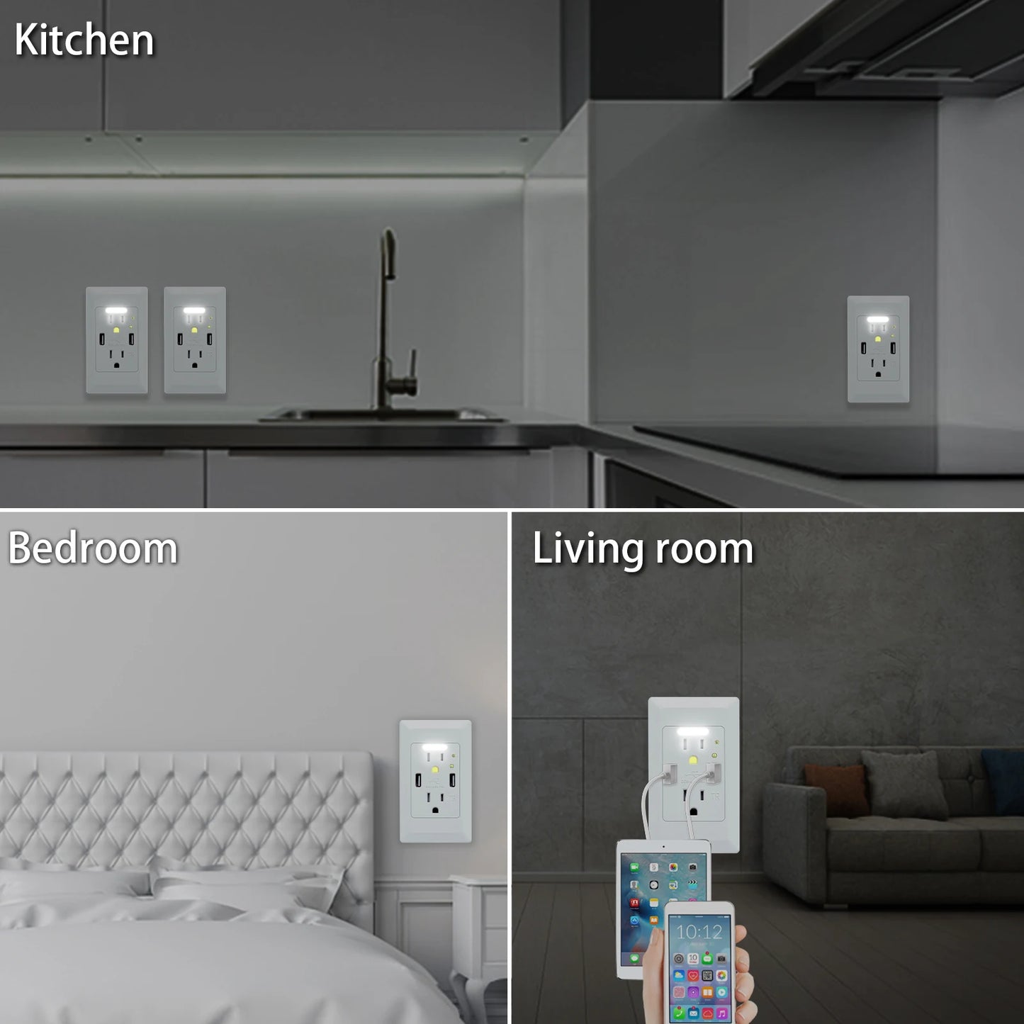 USB Wall Outlet With Night Light And Dual USB Ports 15 Amp Receptacle Model A For Home And Office-A