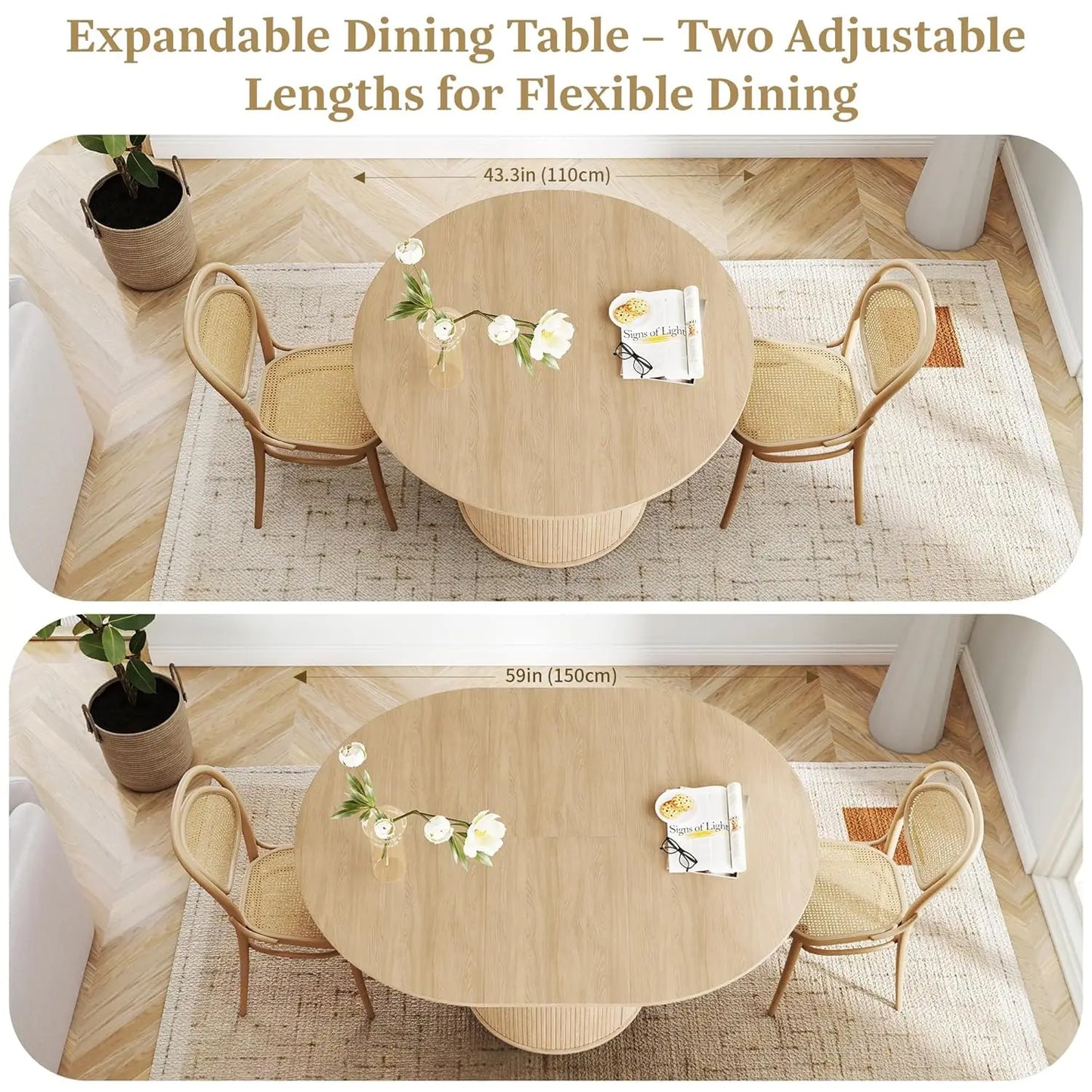 Extendable Round To Oval Dining Table With Hidden Storage Cabinet For Four To Six Guests Space Saving Modern Wood-A