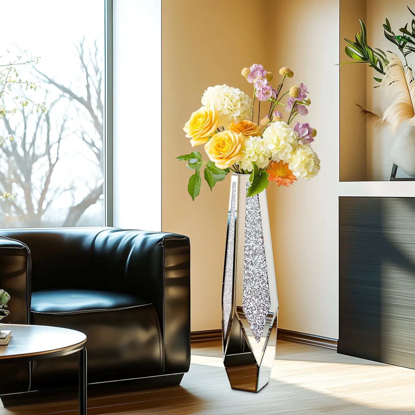 Crushed Diamond Mirrored Floor Vase For Pampas Grass Centerpiece Sparkle Glass Decor-A
