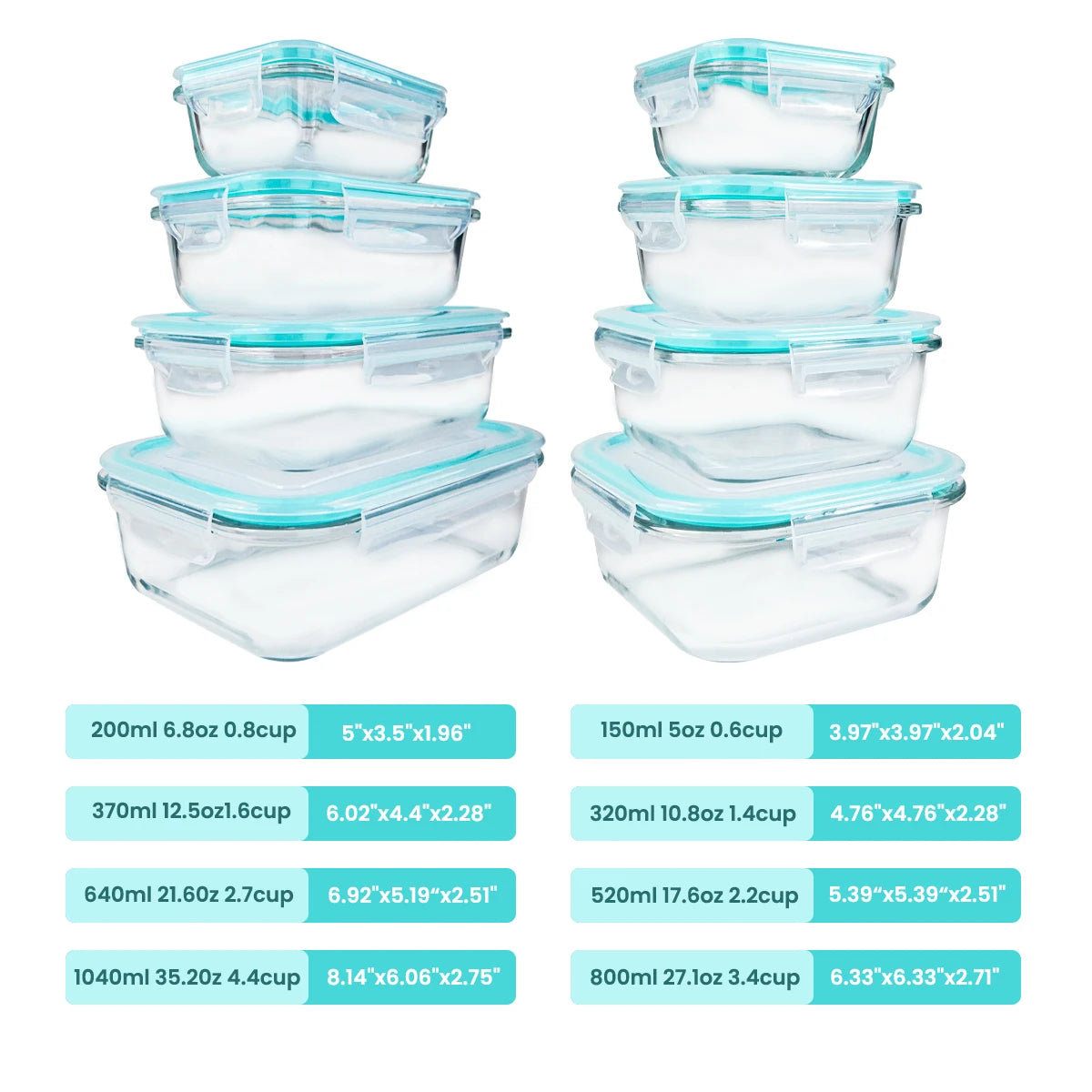 Glass Food Storage Containers Set 8 Piece Leakproof Airtight Microwave Oven Safe Borosilicate Glass-A