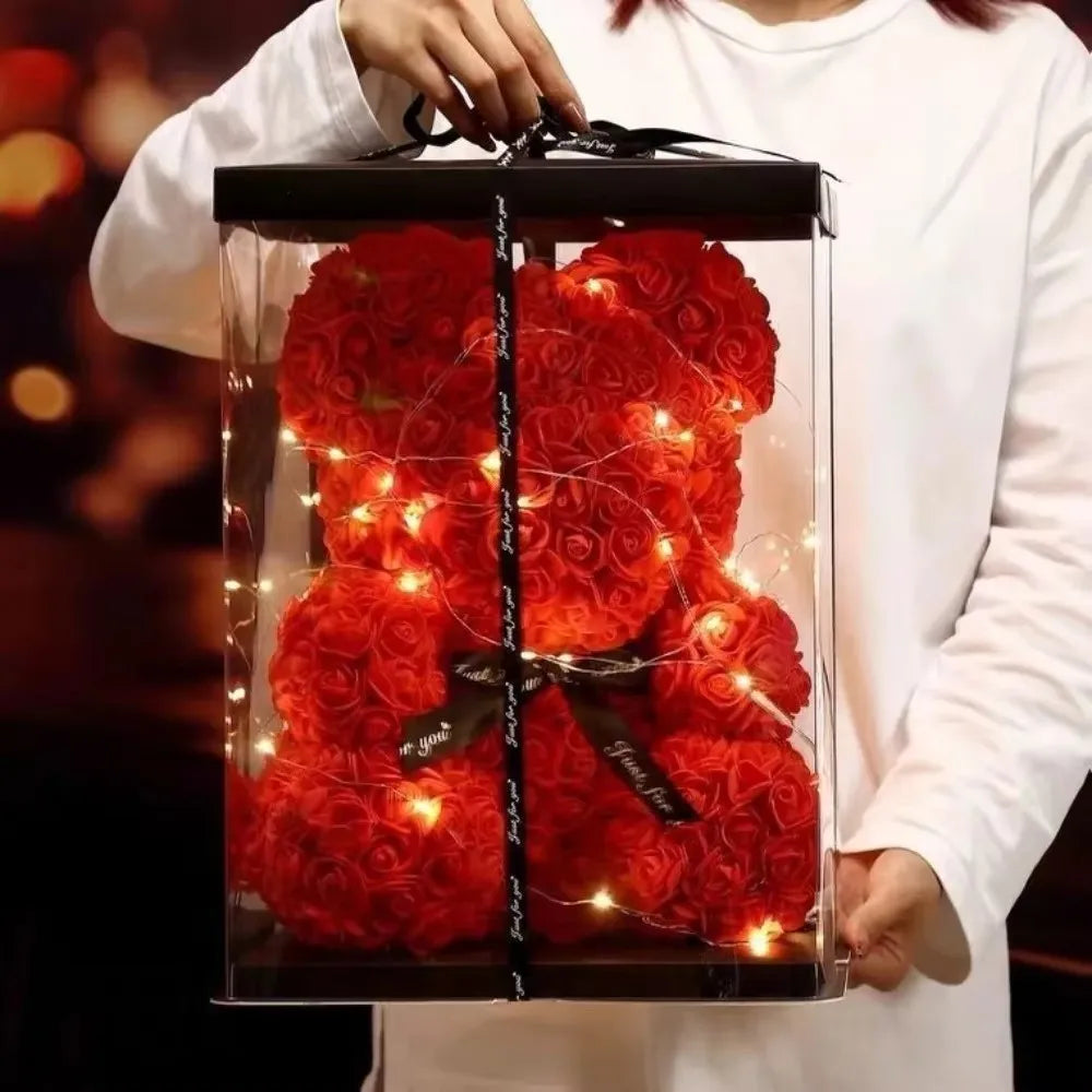 Artificial Teddy Rose Flower Bear With Box Eternal Rose Valentines Day Gift For Girlfriend-A