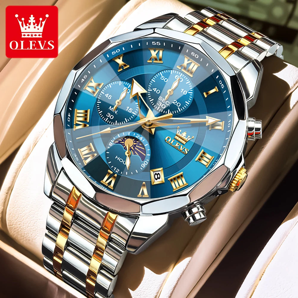 OLEVS Men's Chronograph Moonphase Watch Stainless Steel Waterproof With Quartz Movement Auto Date Full Calendar-A