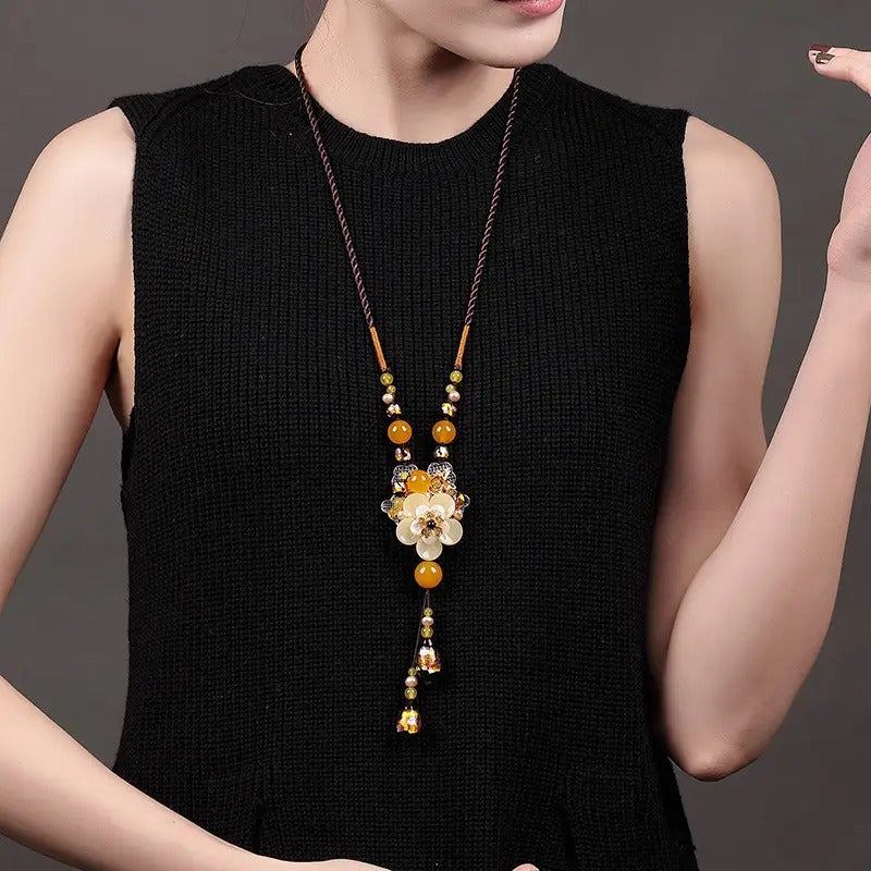 Women'S Retro Bohemian YShape Necklace Handmade Glass Flower and Agate Bead Pendant MultiStrand Long Chain Jewelry for Daily Wear Christmas and Valentine'S Gift YearRound Elegant Accessories Intricate Beadwork