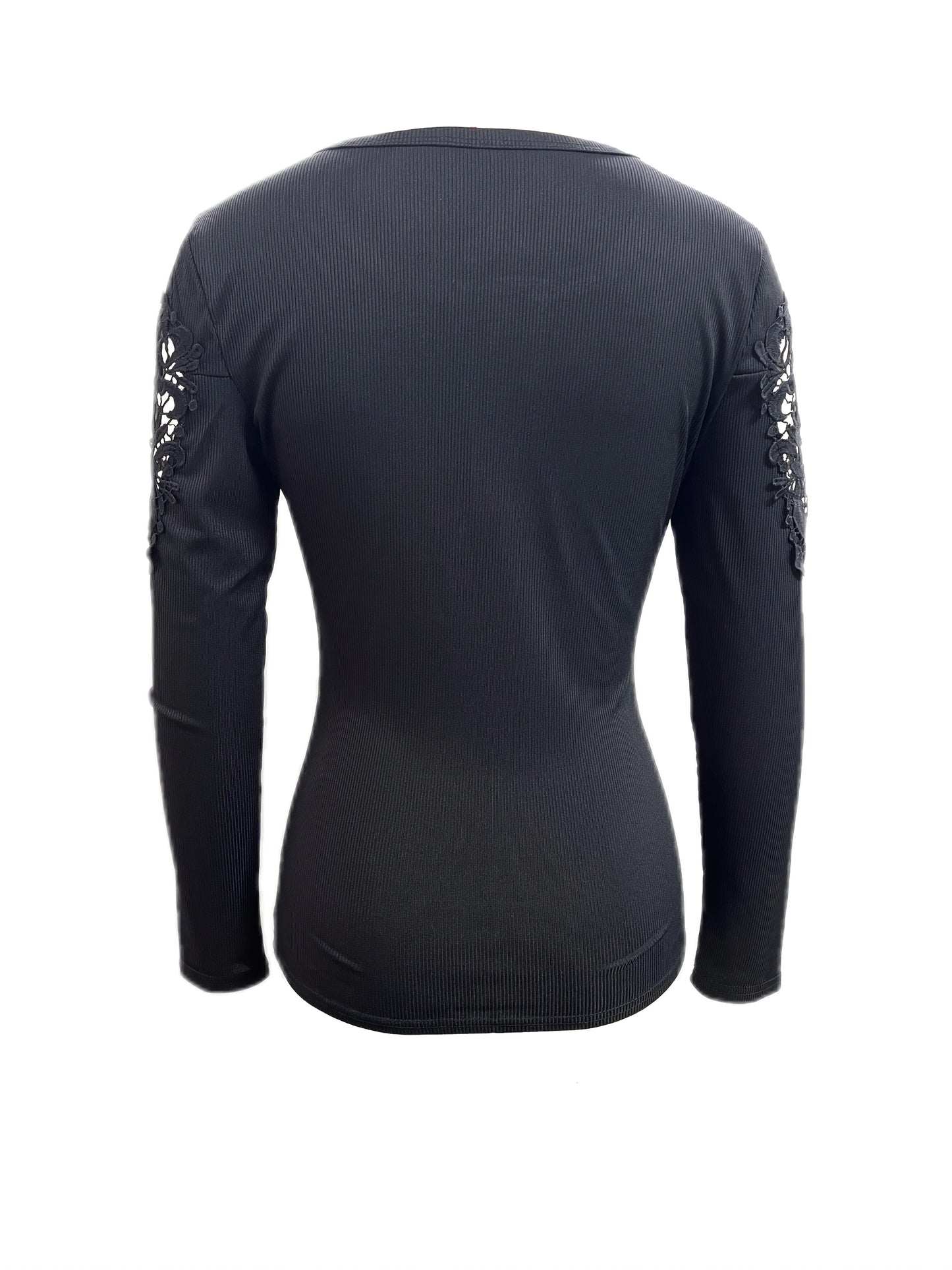 Women's Slim Fit Lace Sleeve Contrast Detail Button-Front T-Shirt - Solid Color Casual Chic Top, Machine Washable All-Season Versatile Wardrobe Staple, Versatile Fashion | Lace Detailed Tee | Quality Stitching, Lace Trim