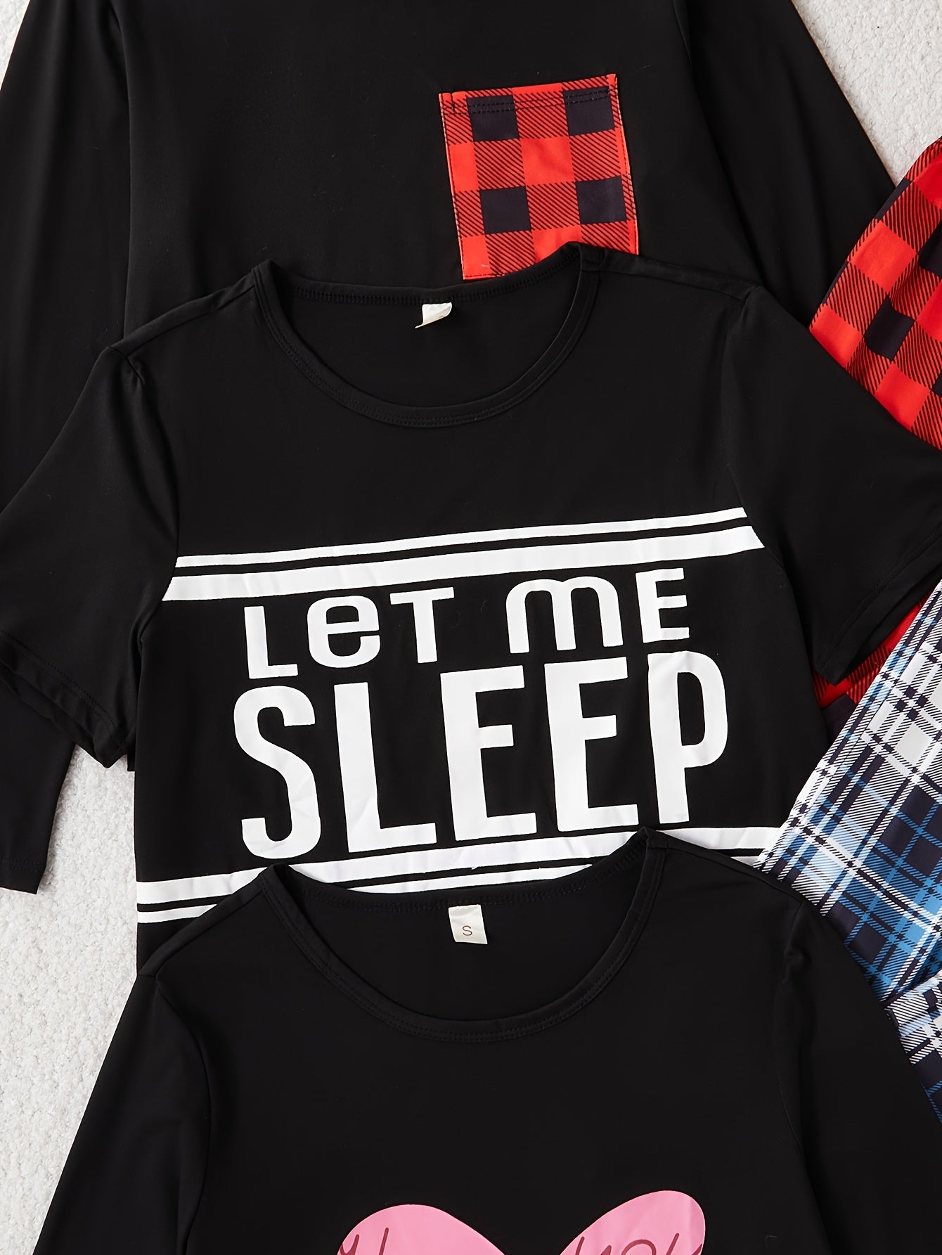 [New 6-Piece Pajama Set] New Women's Six-Piece Casual Pajama Set | Letter Print Long & Short Sleeve Tops with Plaid Pants Sleepwear Outfit