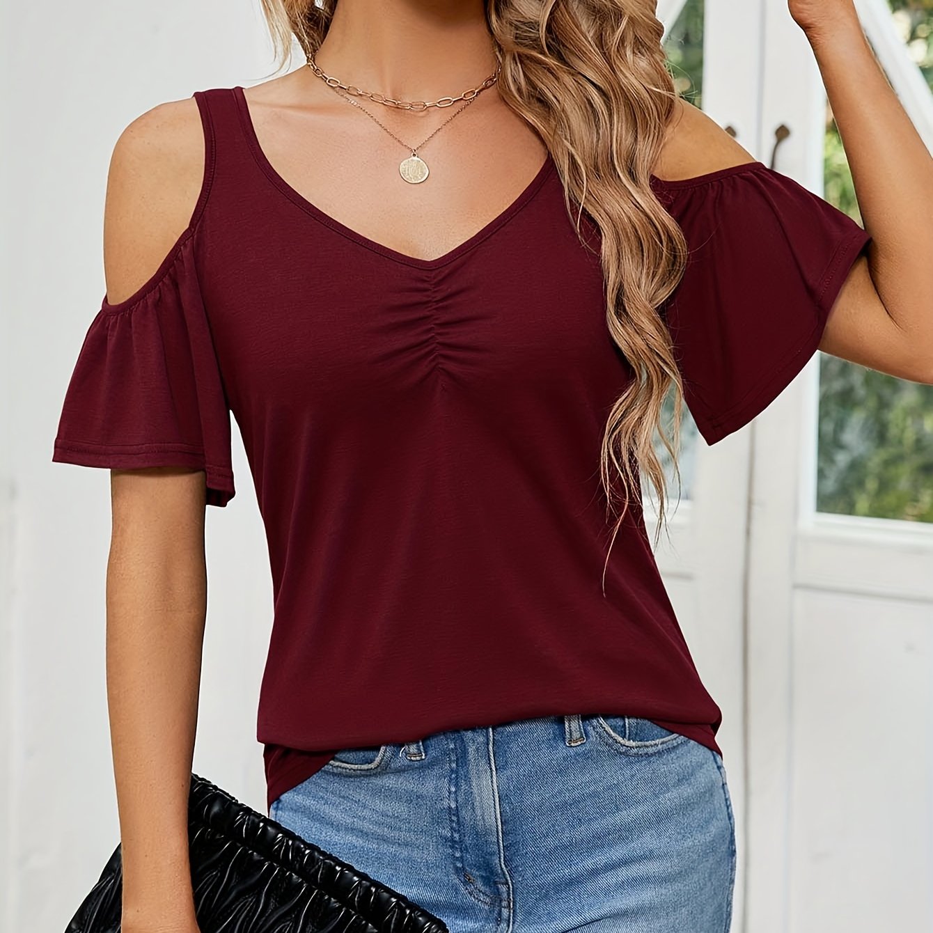[Casual Cold Shoulder Tops] Casual Cold Shoulder Tops for Women | Short Sleeve V Neck Tunic Shirts