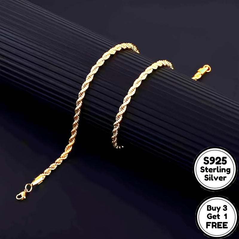 Handmade S925 Sterling Silvery 24K Gold Plated 4mm Twist Chain Necklace, Suitable for Men's And Women's Necklaces, Suitable for Men, Wives, Girlfriends, Mothers, Daughters' Anniversaries, Birthdays, Various Holidays, Special