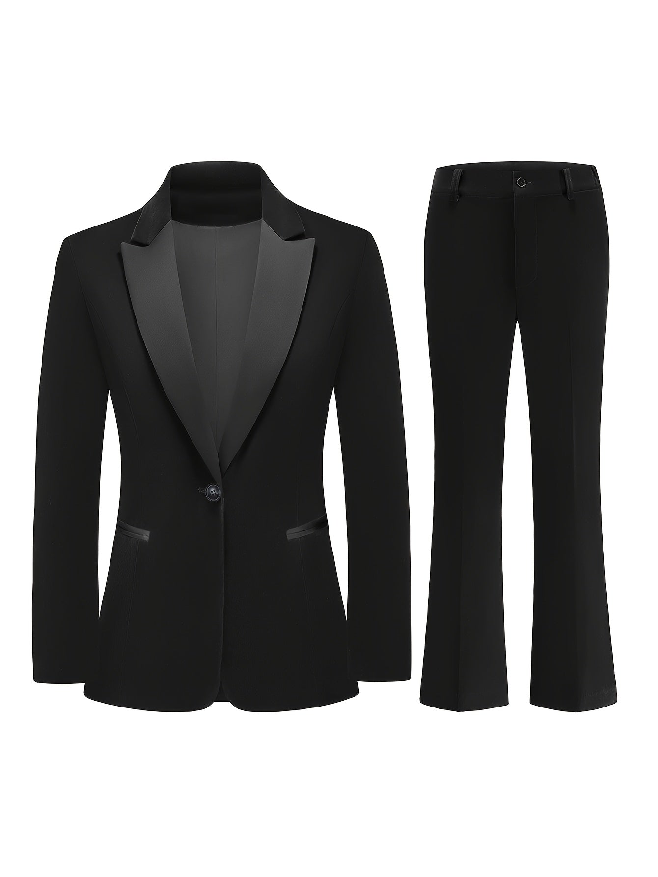 2pcs Women's Vintage Bell-Bottom Suit: Black Satin Lapel Blazer & Bell-Bottom Pants - Hand Washable Formal Party Wedding Attire, Luxury Party Outfit for Fall/Winter (No Dry Clean)