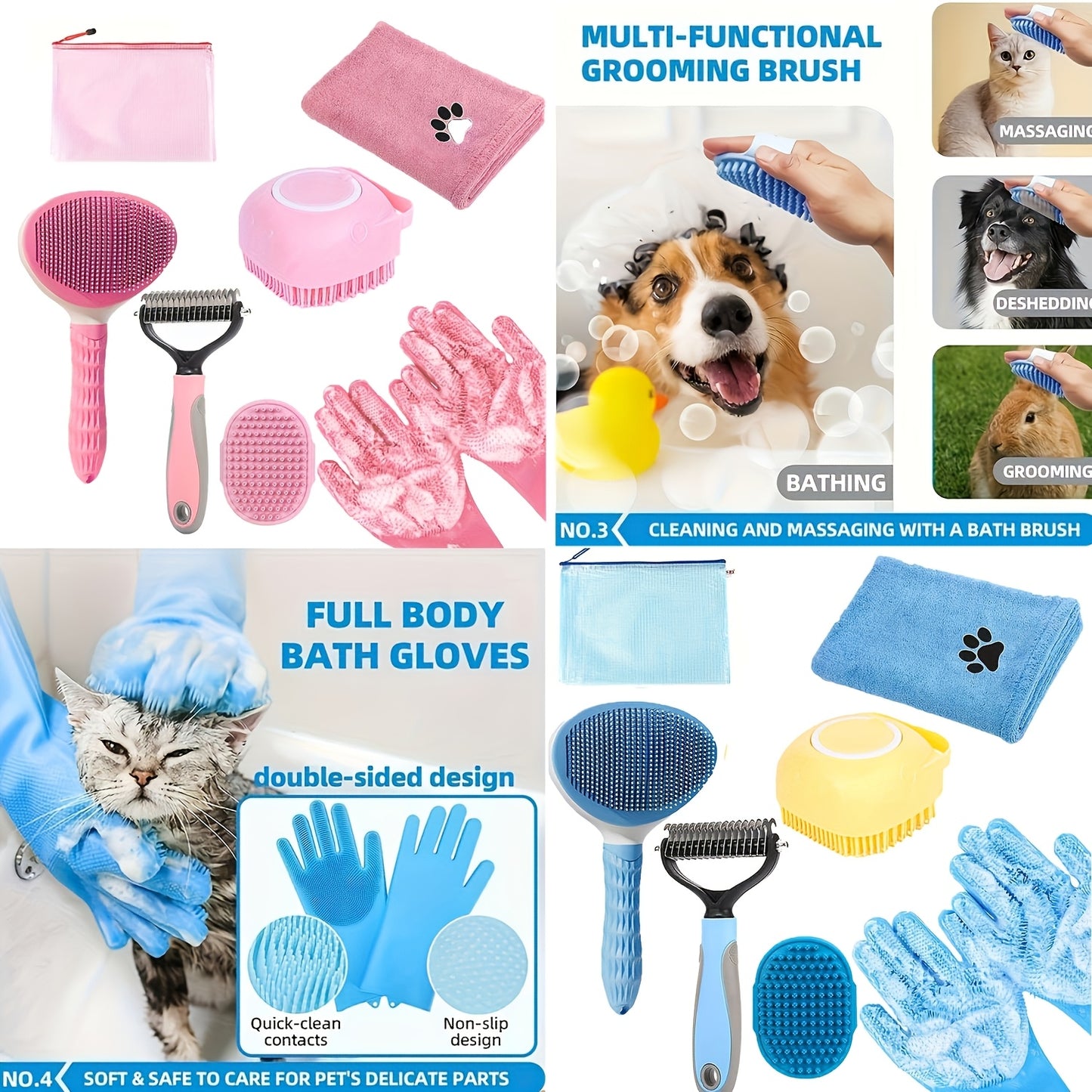 7pcs Dog Grooming Kit: Shedding Control Bath Brush, Double Sided Undercoat Rake, Towel Tool, & Washing Gloves For A Shiny Coat Ideal For Hair Control & Bathing Pets
