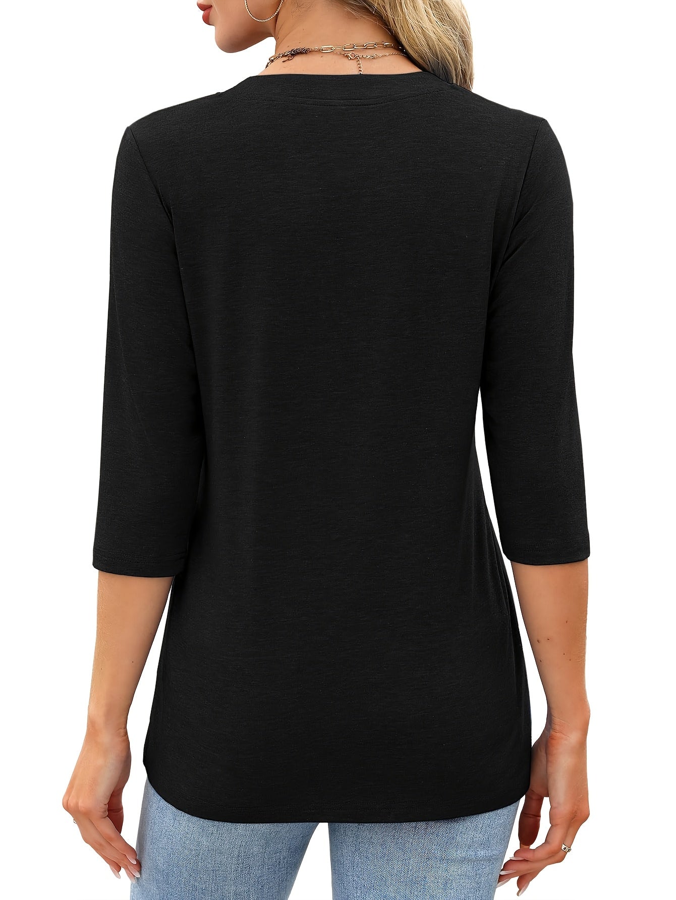 3/4 Sleeve • Casual Fashion • Women's Spring/Summer Three-Piece V-Neck Button-Blouse Quarter Sleeve T-Shirt