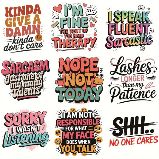 [Fun Iron-On Stickers] 9/18pcs Durable Washable Iron-On Stickers | Latest Collection of Inspirational & Satirical Fun Color Text - Easy to Apply for DIY T-Shirts, Jeans, Hoodies, Backpacks, Handbags, Pillow Decoration Hot Tra