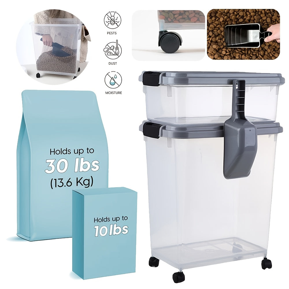 30 lbs & 11 lbs Combo Dog & Cat Food Storage Container - Heavy-Duty Airtight Pet Food Dispenser with Stackable Design, Bin & Scoop, Locking Latches & Smooth-Rolling Wheels - Large Capacity Dry Kibble, Treats Organizer (Multi-