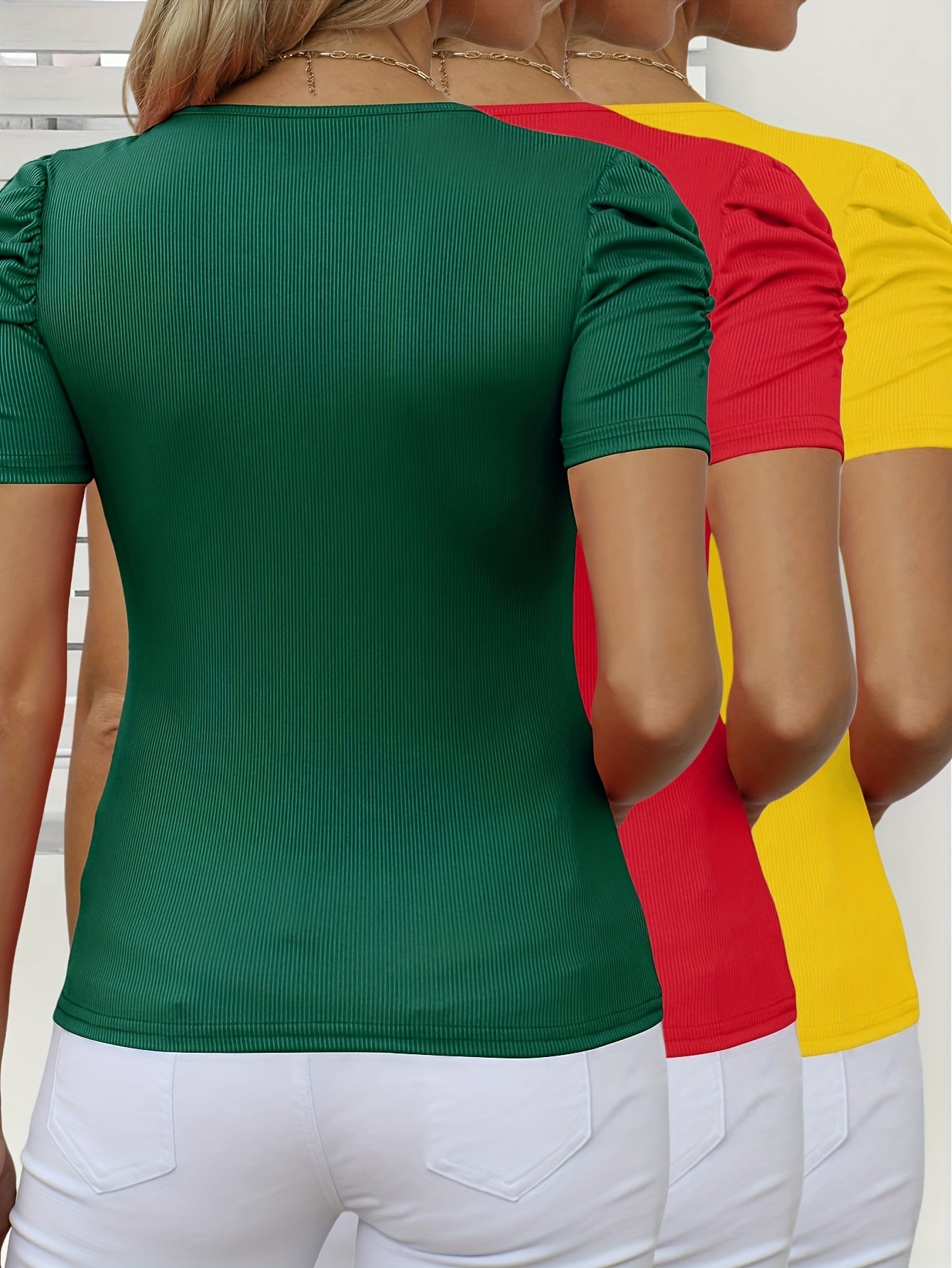 3pcs Women's Ribbed Crop Top Blouses - V-Neck Puff Short Sleeve Stretchy Slim Fit Tees, Solid Color Textured Shirts Suitable for Spring Summer Daily Wear & Dressy Outfits