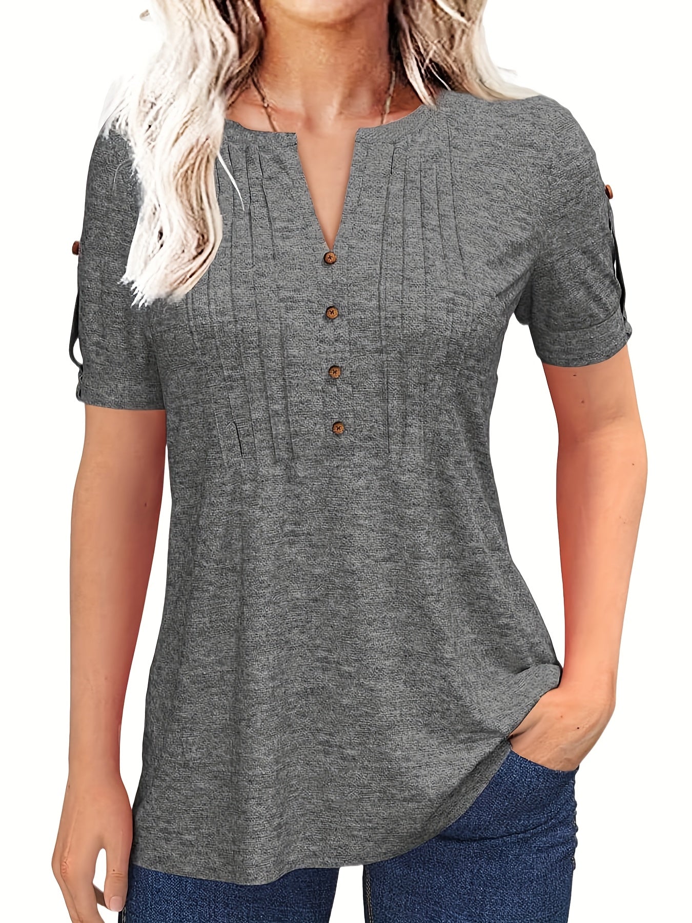 Women'S Zipper Summer Pleated Button Short Sleeve T-Shirt Summer V-Neck Solid Color Casual Top
