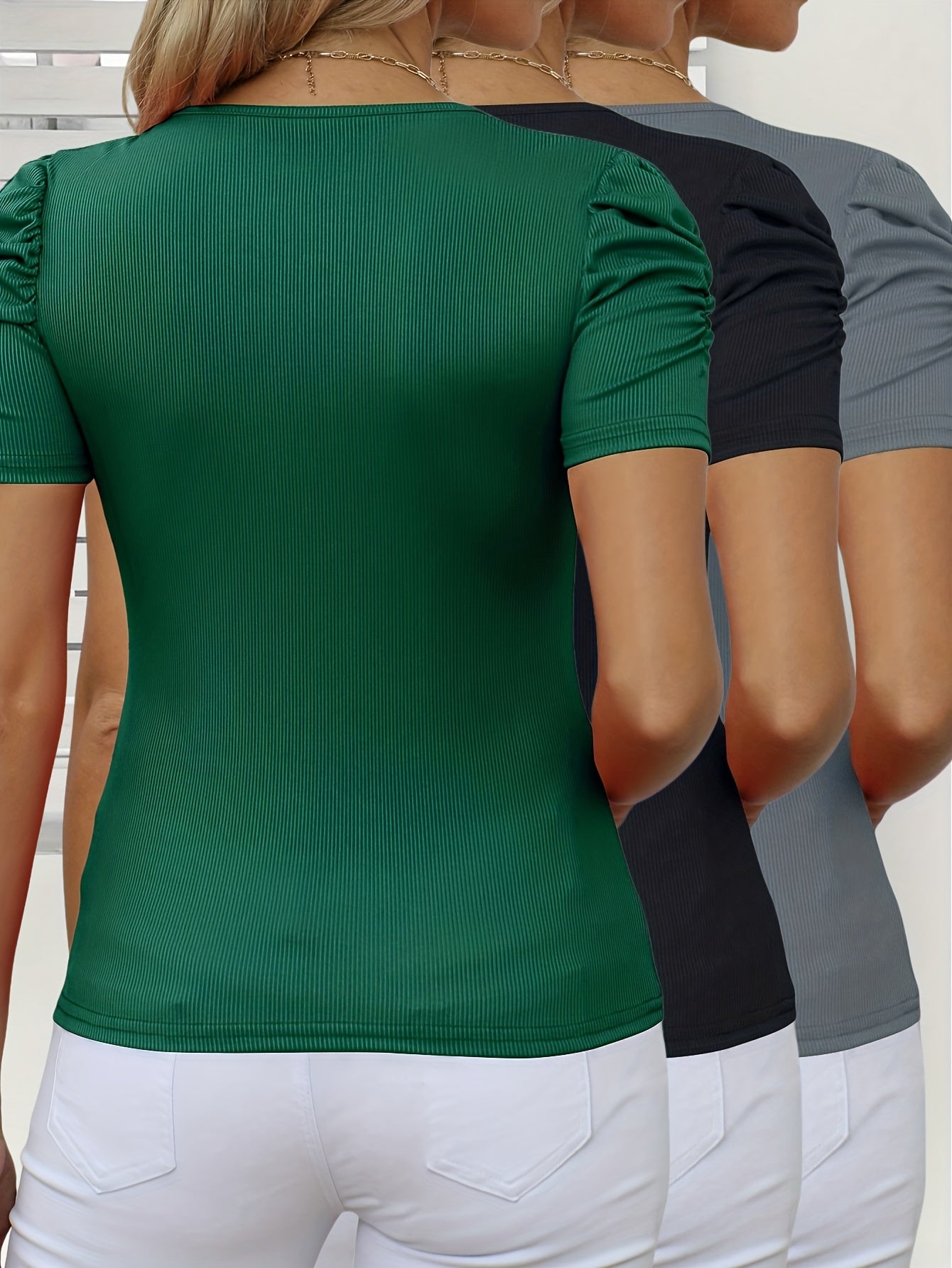 3pcs Women's Ribbed Crop Top Blouses - V-Neck Puff Short Sleeve Stretchy Slim Fit Tees, Solid Color Textured Shirts Suitable for Spring Summer Daily Wear & Dressy Outfits