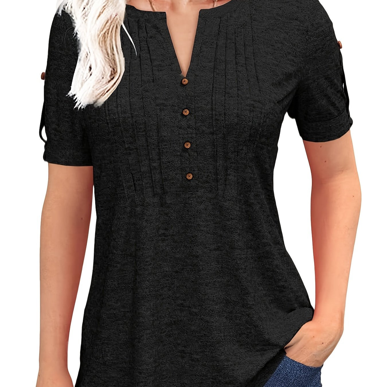 Women'S Zipper Summer Pleated Button Short Sleeve T-Shirt Summer V-Neck Solid Color Casual Top