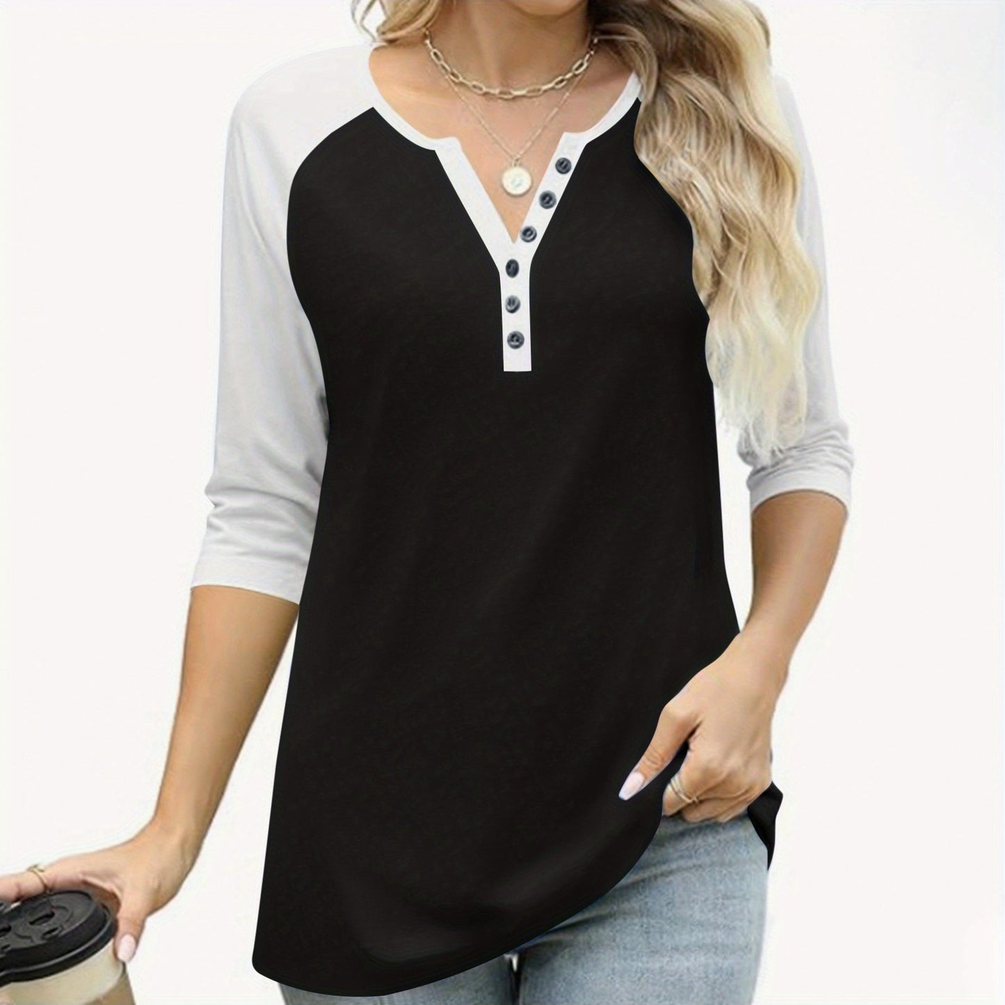 Womens Basic Casual Shirts Fashion Clothes Tops Button V-neck Three Quarter Sleeve 3/4 Sleeve Raglan T-shirt Loose Top