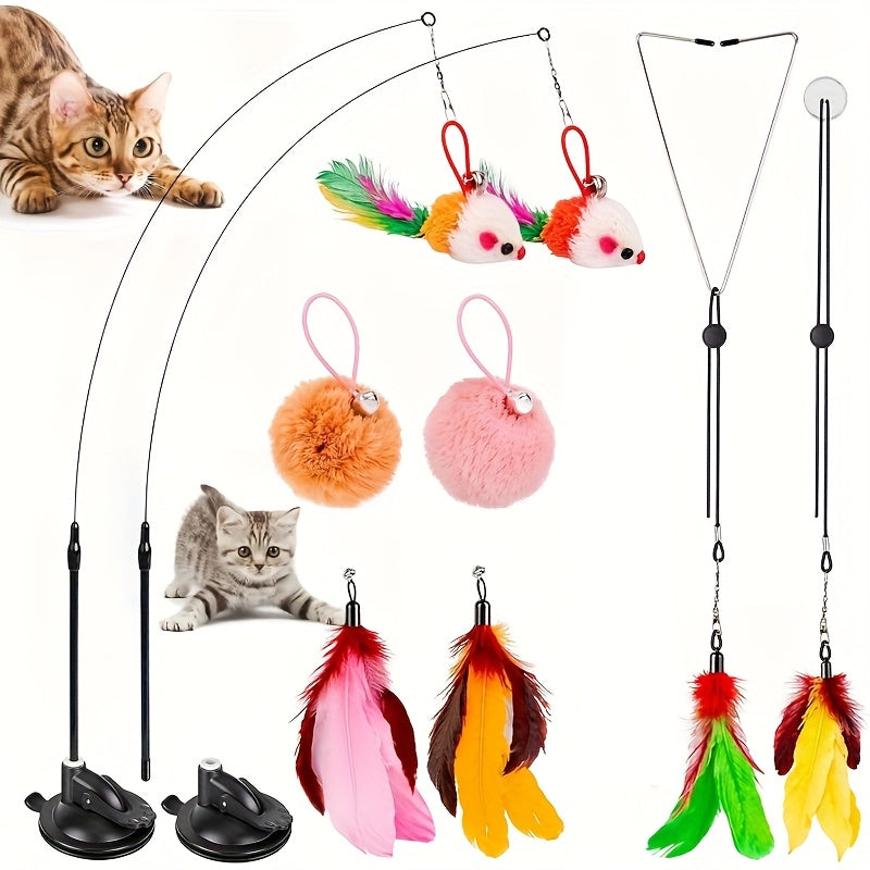 14 Pack Durable Interactive Cat Toys with Suction Cup Base & 78" Rope - Plush Bird Teaser Wand, Mice Toys for Indoor Cats, Multi-Color Feathers & Non-Electric Design for Self-Entertainment & Exercise