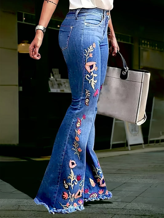 Women's High Waisted Stretch Bell-Bottom Jeans Pants - Vintage Dark Blue with Embroidered Extra-Long Hem Drag-Bottom, Tailored Flare for - Wear, Casual Outfits & Daily Outings (Hand Washable)