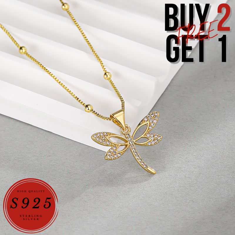 24K Gold Plated Dragonfly Necklace, Italy 925 Sterling Silvery Dragonfly Necklace, Stylish Women'S Necklace, Suitable For Gifts, Parties, Valentine'S Day, Wife, Mother - With Gift Box (buy 2 Get 1 Free)