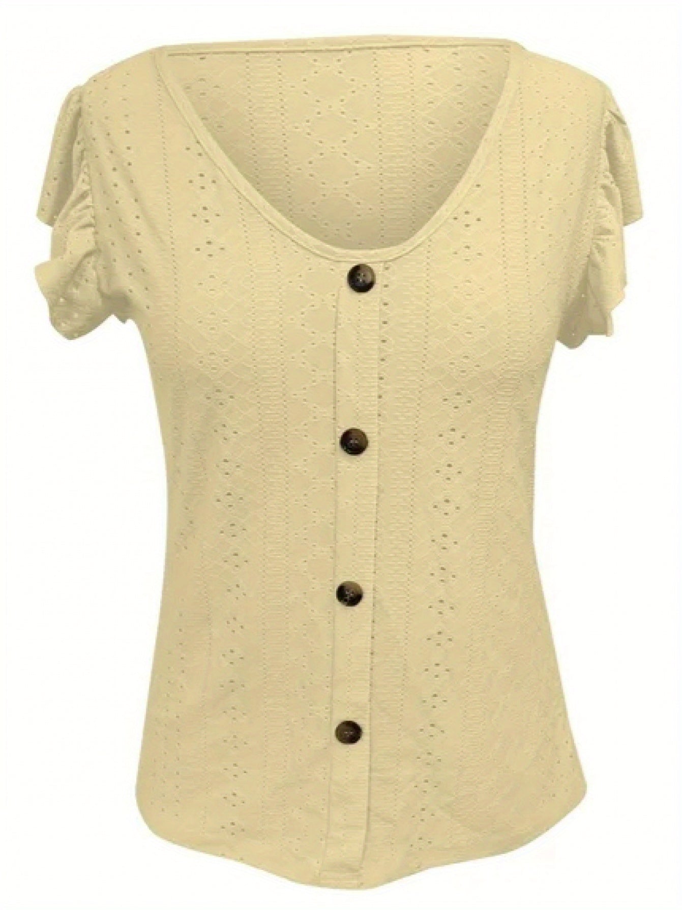 [Elegant Ruffled Top] Elegant Women's V-Neck Ruffled Short Sleeve Top | Eyelet Embroidered Jacquard T-Shirt with Decorative Buttons, Casual Spring & Summer Clothing