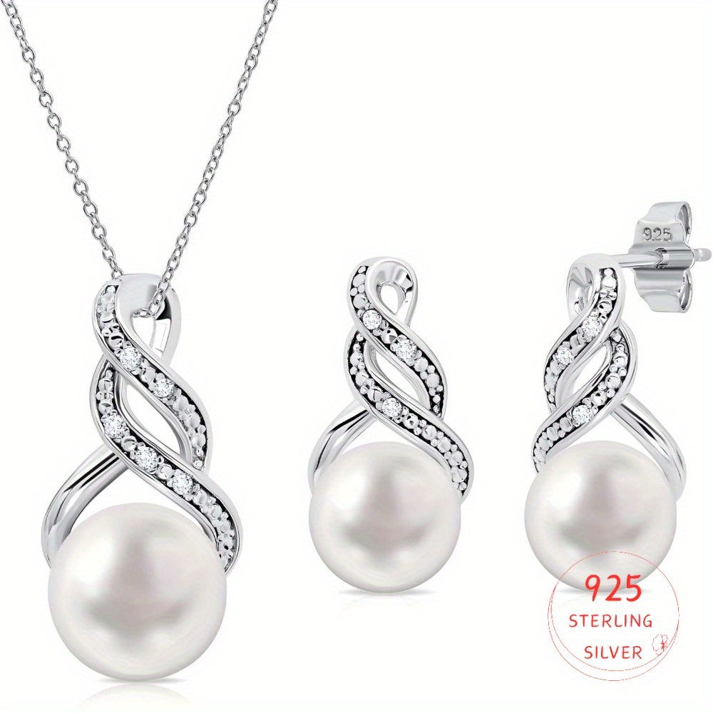 S925 Sterling Silvery Necklace and Earrings Set | Set with Synthetic Zirconia and Non-Allergenic Genuine Freshwater Pearl Jewelry, Equipped with a 18-Inch Silvery Chain | Women'S Bridal Groomsmen Set