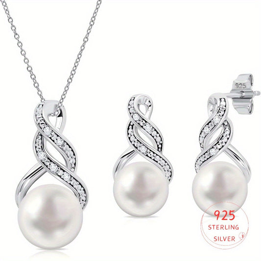 S925 Sterling Silvery Necklace and Earrings Set | Set with Synthetic Zirconia and Non-Allergenic Genuine Freshwater Pearl Jewelry, Equipped with a 18-Inch Silvery Chain | Women'S Bridal Groomsmen Set