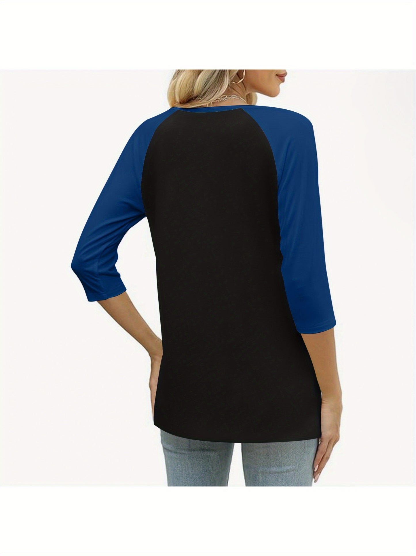 Womens Basic Casual Shirts Fashion Clothes Tops Button V-neck Three Quarter Sleeve 3/4 Sleeve Raglan T-shirt Loose Top