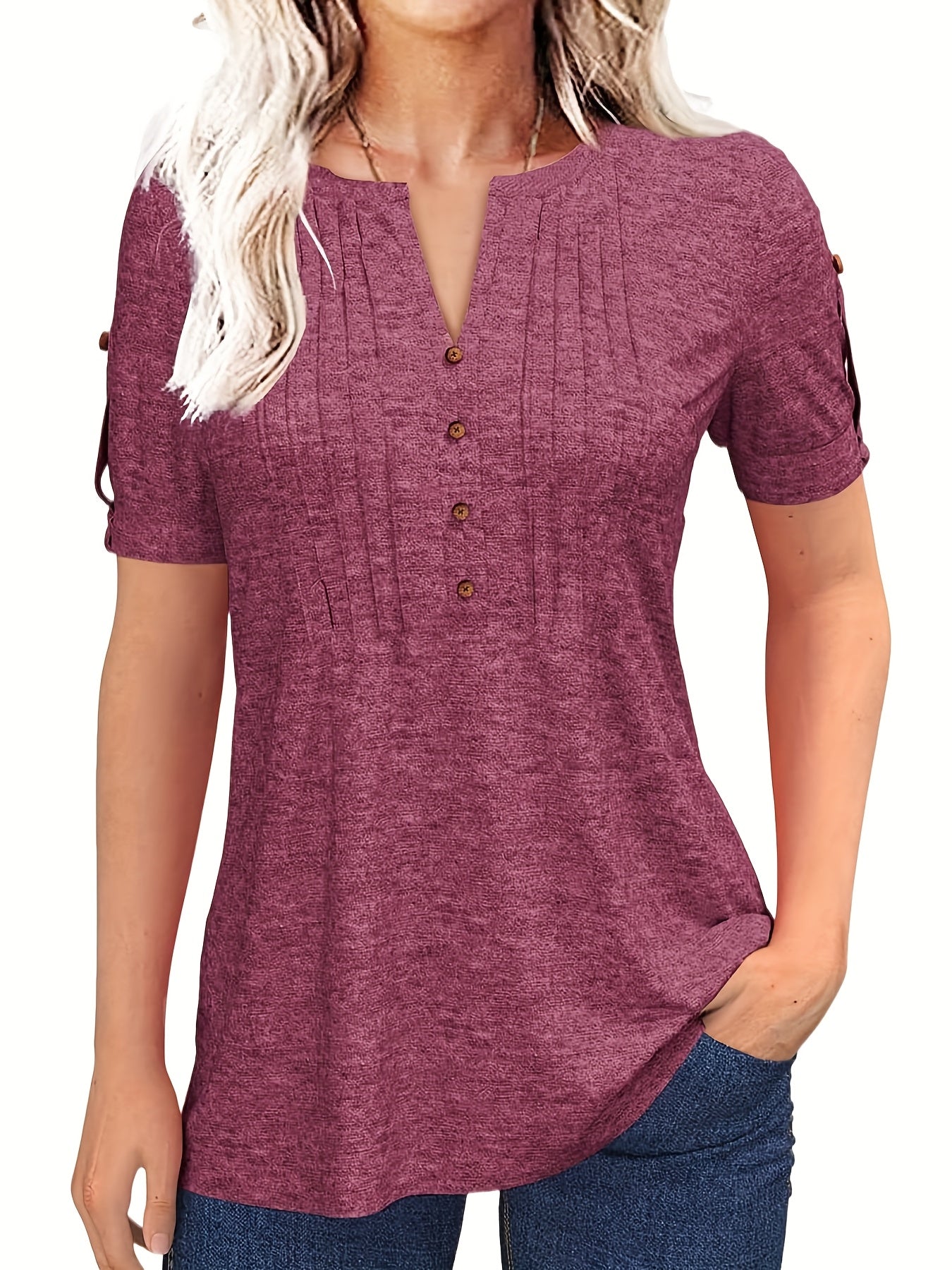 Women'S Zipper Summer Pleated Button Short Sleeve T-Shirt Summer V-Neck Solid Color Casual Top