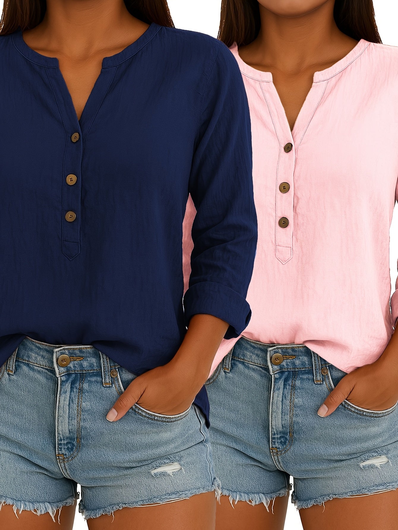 2/3pcs Ladies Elegant Linen Blend Short Sleeve V-Neck Shirt Four Seasons Can Wear