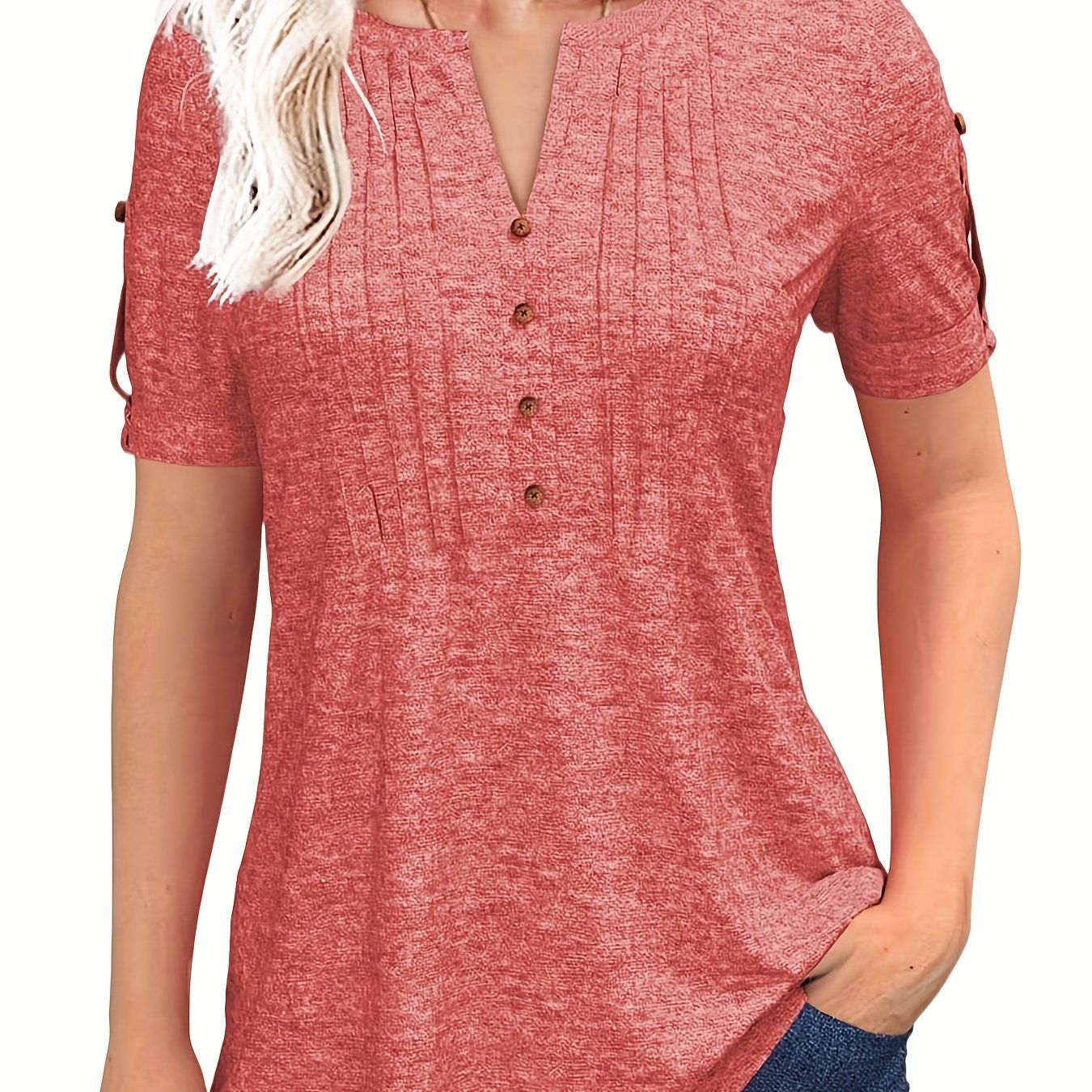 Women'S Zipper Summer Pleated Button Short Sleeve T-Shirt Summer V-Neck Solid Color Casual Top