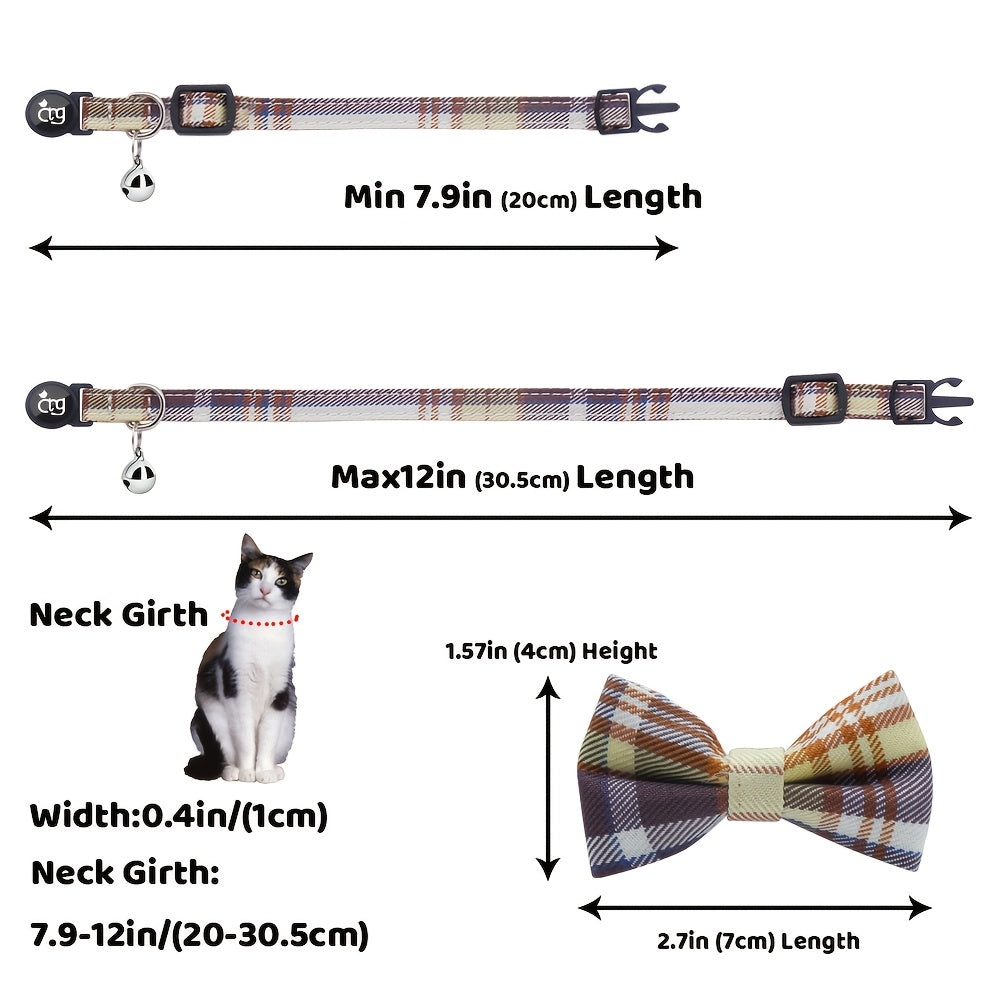 [Personalized Pet Collar] Personalized Metal Paw Tag Pet Collar | Custom Safe Buckle, Bow Tie, Nylon Material, Jazz Plaid Pattern, Bell - Ideal For Cats And Small Dogs, No Battery