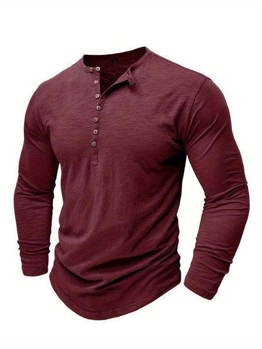 Men's Casual Henley Shirt Long Sleeve Crew Neck Button Placket Slight Stretch Fabric