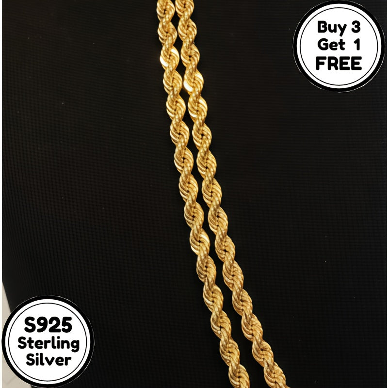 S925 Sterling Silvery 24k Gold Plated 4mm Twist Necklace, The Ideal Gift for Men, Women, Wives, Girlfriends, Mothers And Daughters On Anniversaries, Birthdays And Special Occasions (buy 3 Get 1 Free)