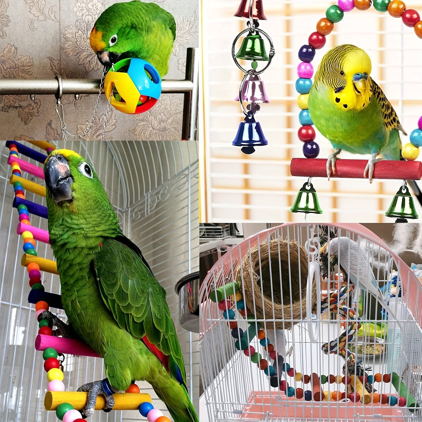 15pcs Wood Bird Parrot Swing & Climbing Gym Set with Hanging Bells, Hammock, Ladders - Chewable Cage for Small to Large Birds (Parakeets, Cockatiels, Conures, Macaws, Love Birds) - Wood for beak Health &