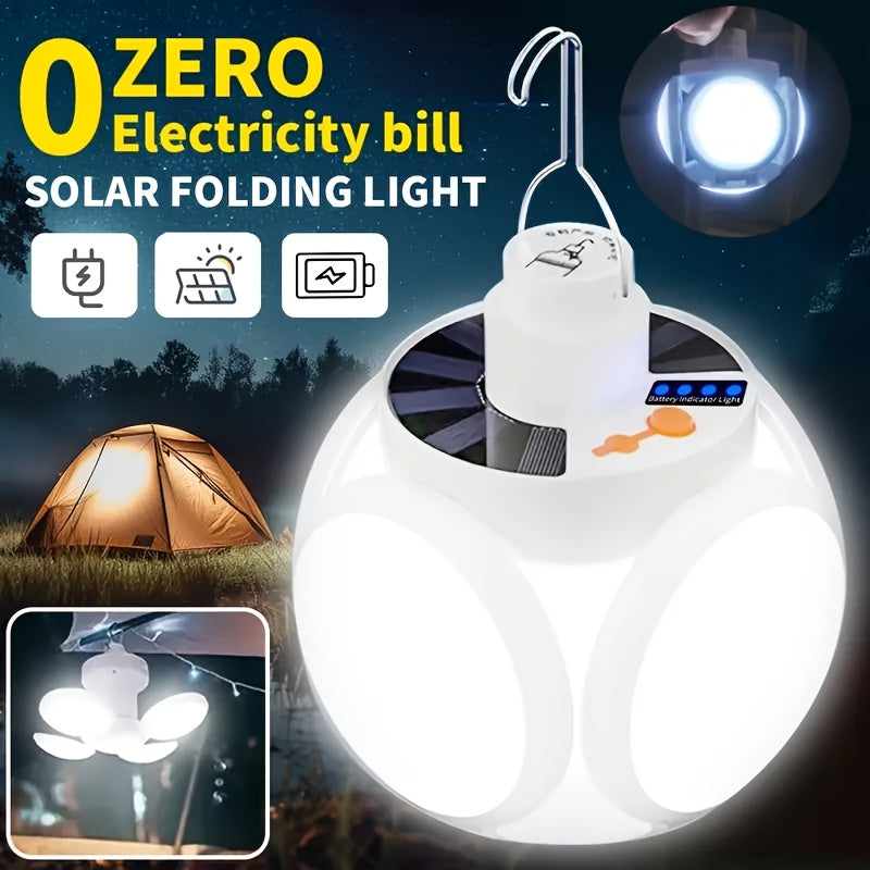 1/2pcs Solar Folding Light with 5 Adjustable Modes, Lithium Battery, Rechargeable Via Solar Panel, Portable LED Lantern with Detachable Hook for Camping, Emergency Lighting