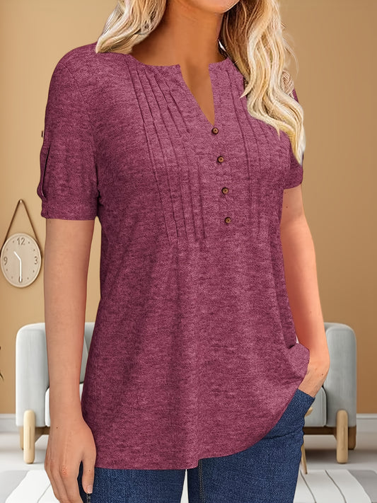 Women's Elegant Short Sleeve Blouse - Asymmetrical Hem Puff Sleeve T-Shirt with Button Placket, Loose H-Line Fit & A-Line Length, Breathable Summer Casual & Dressy Tops (Machine Washable) -