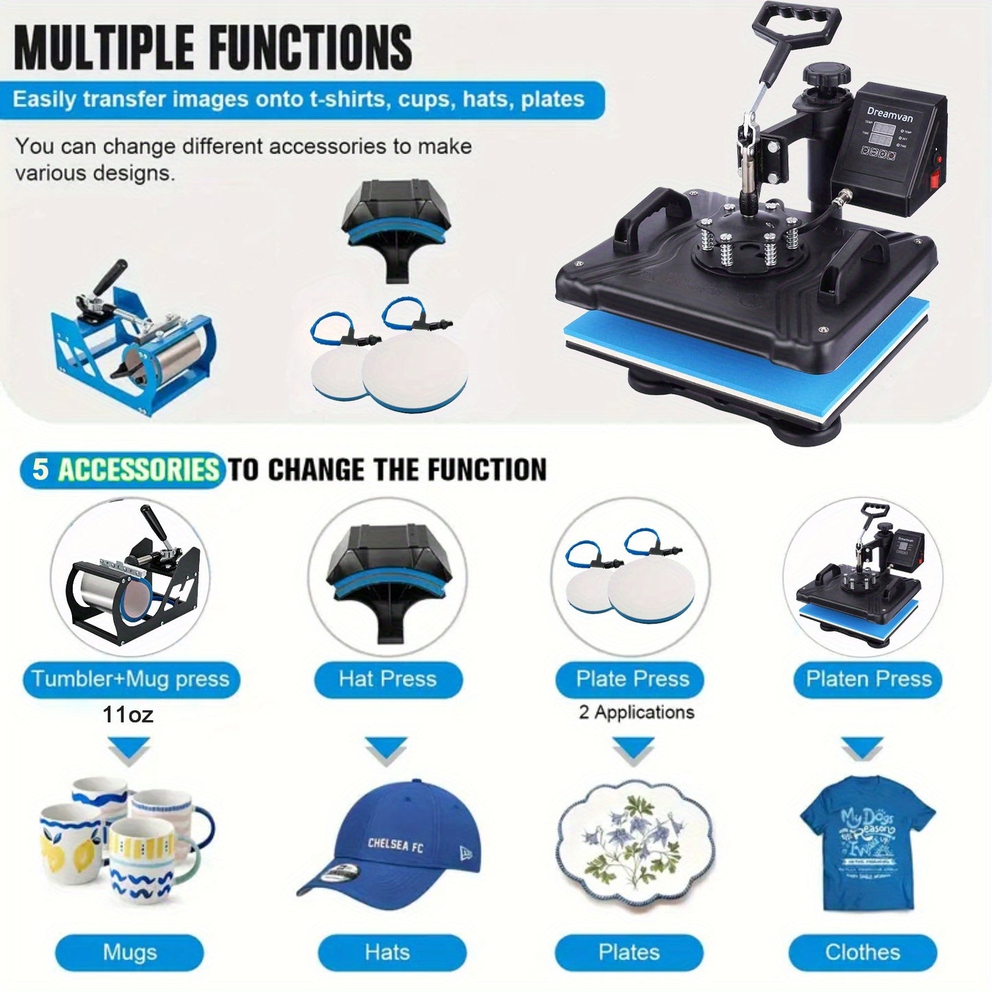 15"x15"/15"x12" 8-in-1/ 5-in-1 Heat Press Machine for T-Shirts, Bags, Pillows, Hats, Caps, Tumblers - 12"x10" T-Shirt Machine Can Only Press T Shirts, Pillows And Bags - HOMDOX Professional Sublimation Combo with Swing Away D