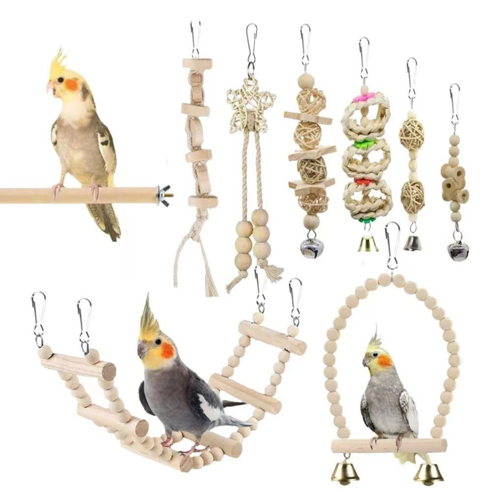8pcs Wood Bird Toys with Swing, Bell & Chewable Parts - Interactive Bird Cage Suitable for Small Parrots and Birds - Promotes Exercise, Mental Stimulation & Beak
