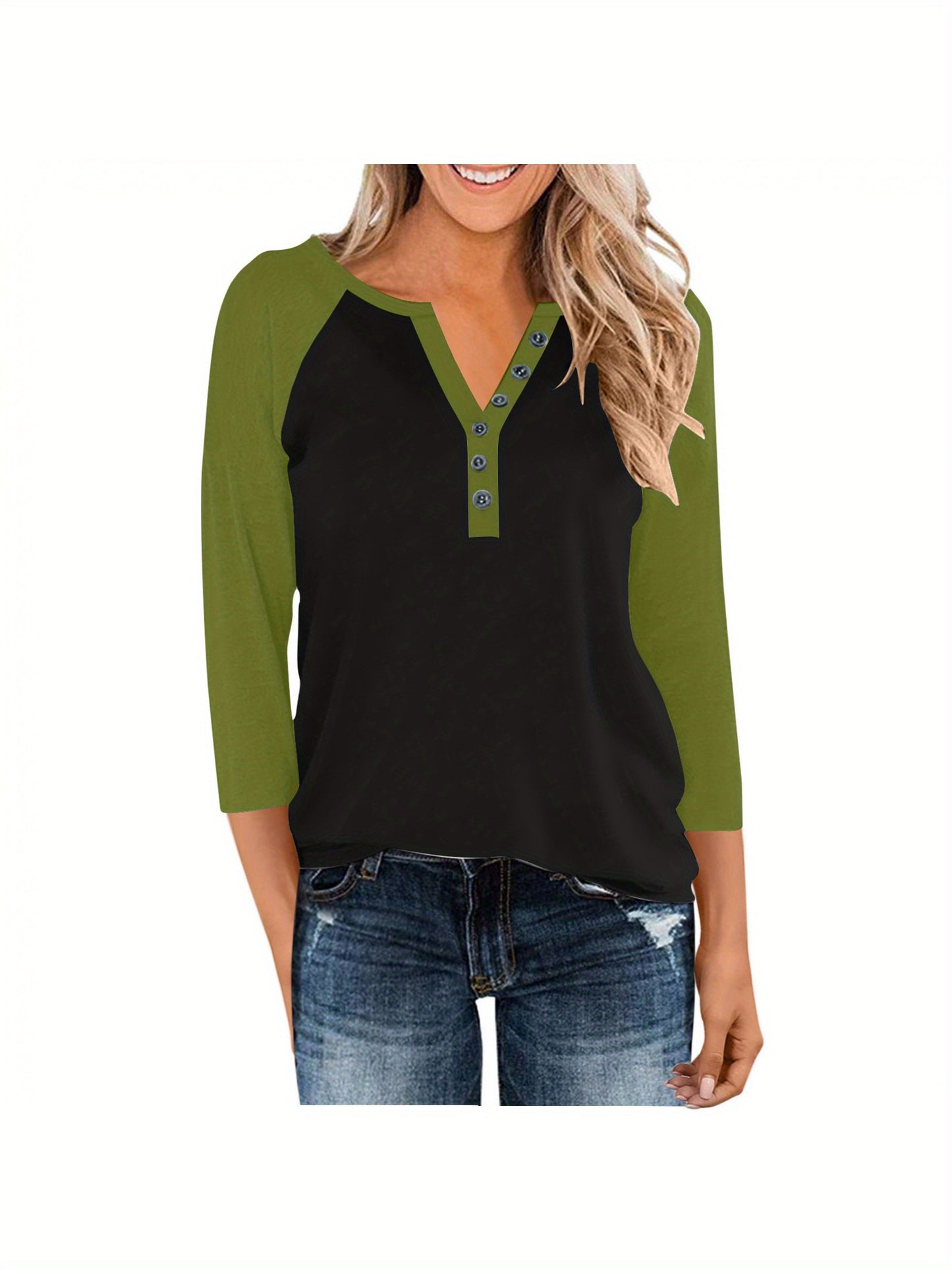 Womens Basic Casual Shirts Fashion Clothes Tops Button V-neck Three Quarter Sleeve 3/4 Sleeve Raglan T-shirt Loose Top