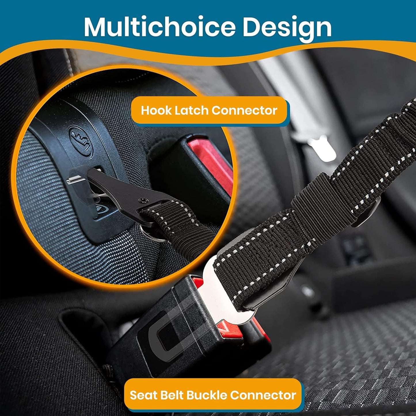 2 Adjustable Dog Seat Belts for Cars - Elastic Bungee Harness with Easy Clip, Durable Car Leash for Medium to Large Dogs, Black & Orange Design, Secure Dog Restraint System, Dog Seat Belt, Medium Large Dog, Sturdy Metal Buckl