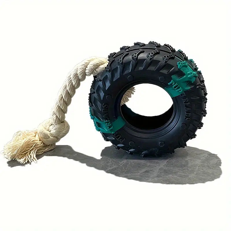 1pc Heavy-Duty Chew Proof Dog Chew Toy - Non-Toxic Rubber Tire with Rope Inside, for Aggressive Chewers - Interactive Chew Toy for Large Breeds, Tug-of-War, Fetch, and Solo Play - Durable Chewable Puppy Teething Gift for Dogs