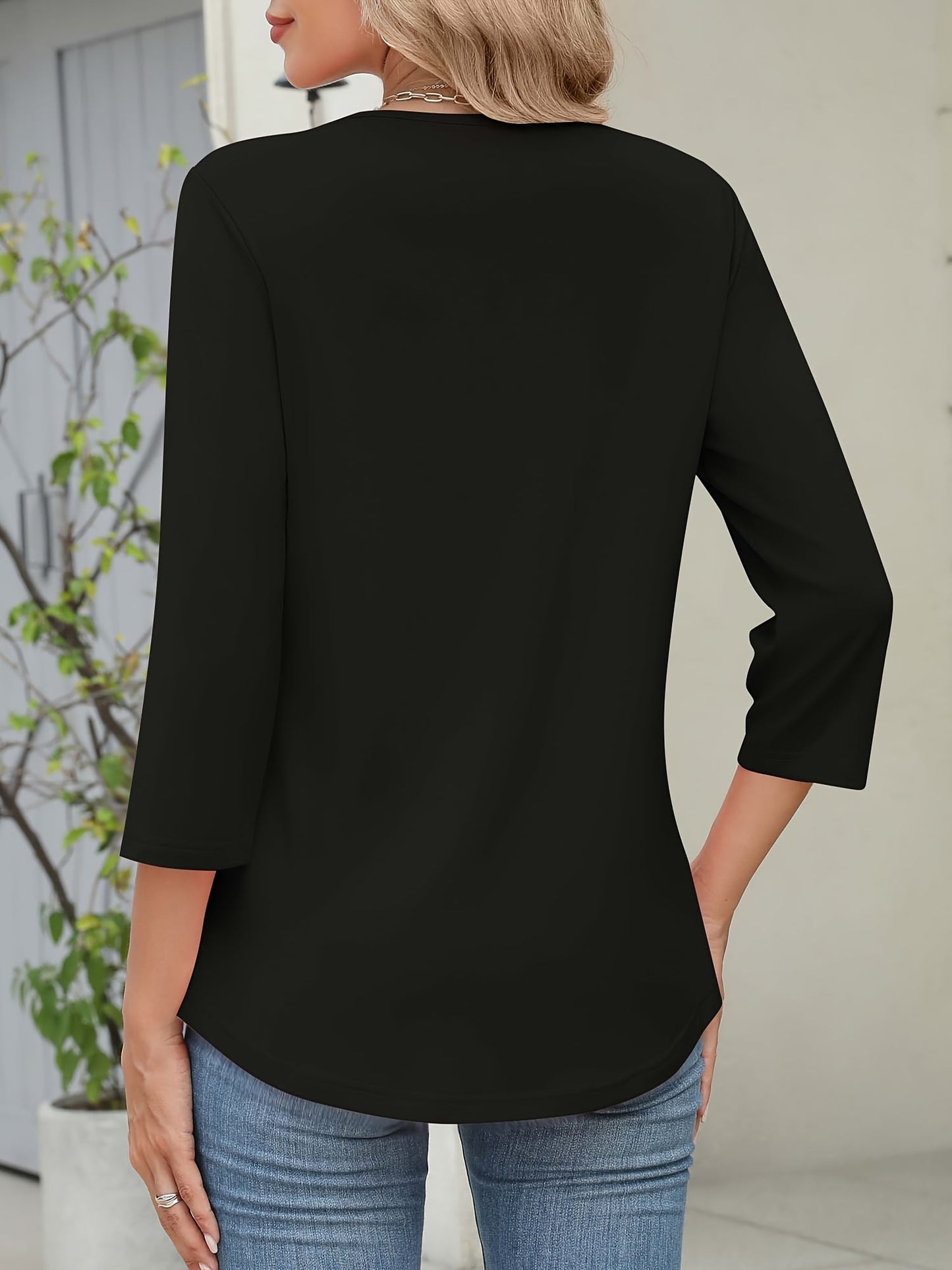 [Solid Color Crossover Shirt] Casual & Office Solid Color Women's 3/4 Sleeve V-Neck Crossover Shirt - Fall Top