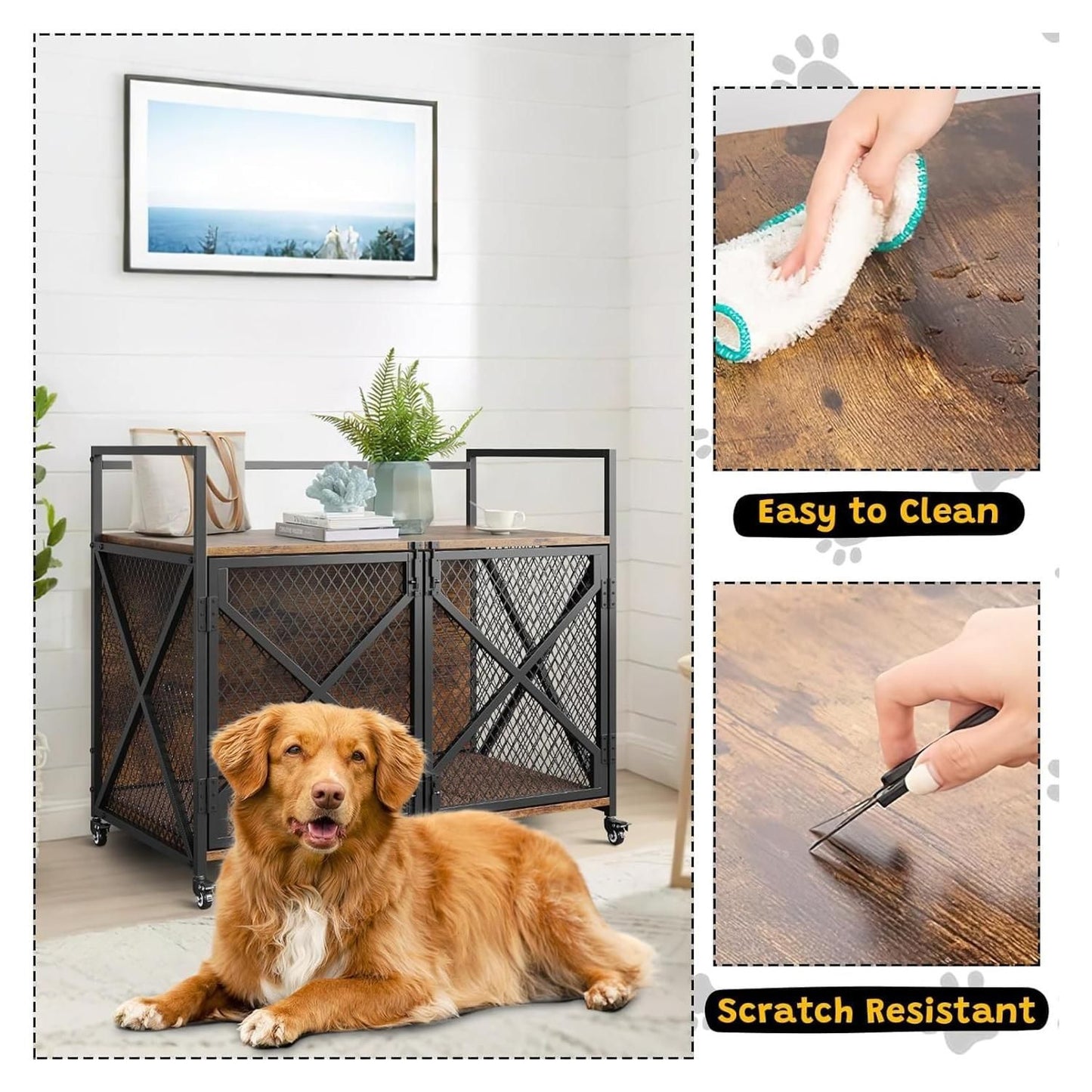 41" Heavy Duty Decorative Dog Cage | Lockable 360° Wheels, Double Door, Rustic Brown, Iron Material, Suitable for Small, Medium, Large Dogs