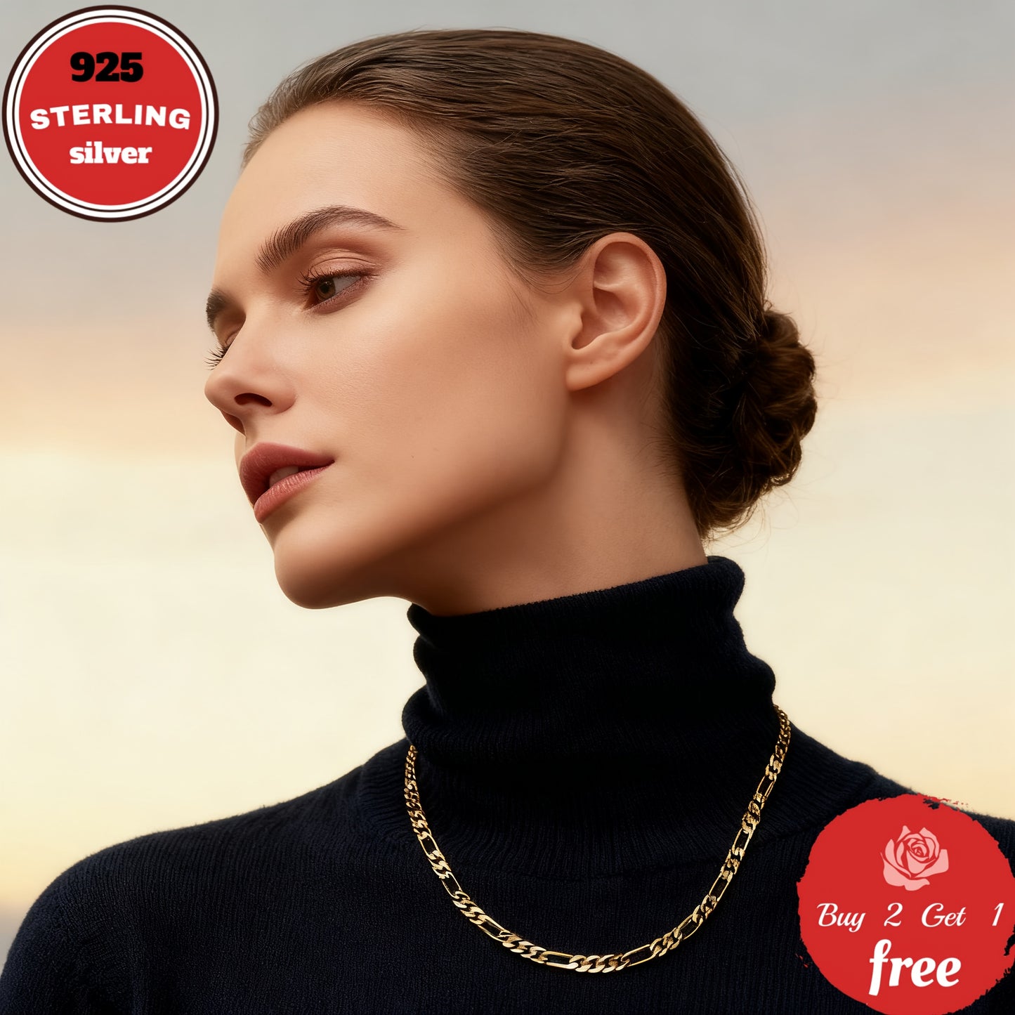 925 Sterling Silvery 6mm Figaro Necklace, Plated with 24K gold plated, Suitable for Daily Wear And Gifting. Christmas-themed, All-season Jewelry, Unisex, Comes with A Gift Box, A Perfect Gift for Your Boyfriend Or Girlfriend,