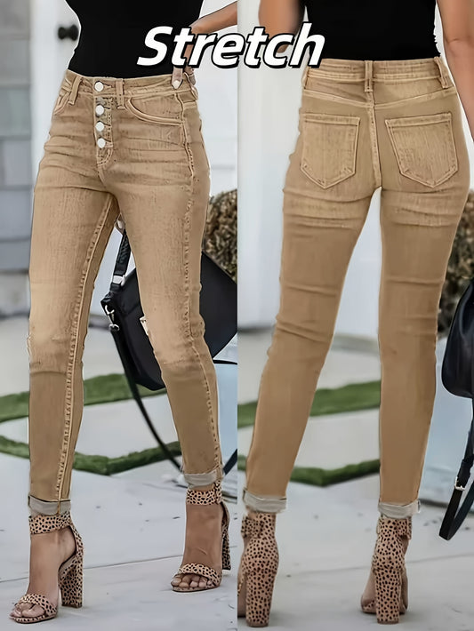Women'S Slim Straight-Leg Jeans | Tailored Ankle Pants with Button Fly in Camel Wash, Vintage & Versatile, Medium Stretch, All-season, Washed Solid Color