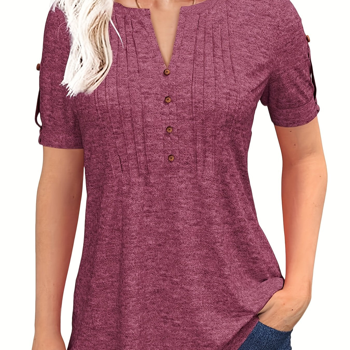 Women'S Zipper Summer Pleated Button Short Sleeve T-Shirt Summer V-Neck Solid Color Casual Top