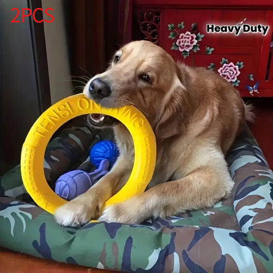 2pcs Heavy-Duty Dog Disc Toss Ring & Disc - Chew-Resistant Non-Toxic Synthetic Rubber with Bright Yellow/Blue Rings for Fetch, Tug-of-War, Training Suitable for All Dog Breeds & Sizes