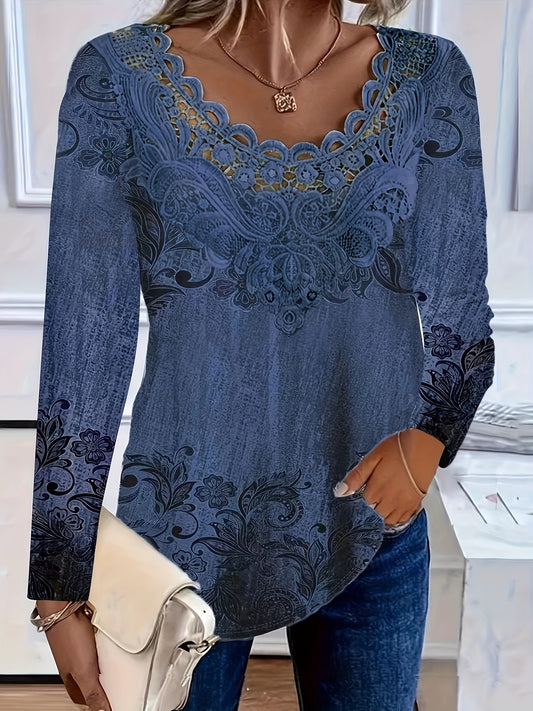 Women's Contrast Lace & Floral Print Long Sleeve T-Shirt - Elegant Round Neck Pullover Top, Machine Washable Summer Casual Blouse with Lace Trim for Spring & Fall, Sophisticated Layering, Sophisticated Stitching