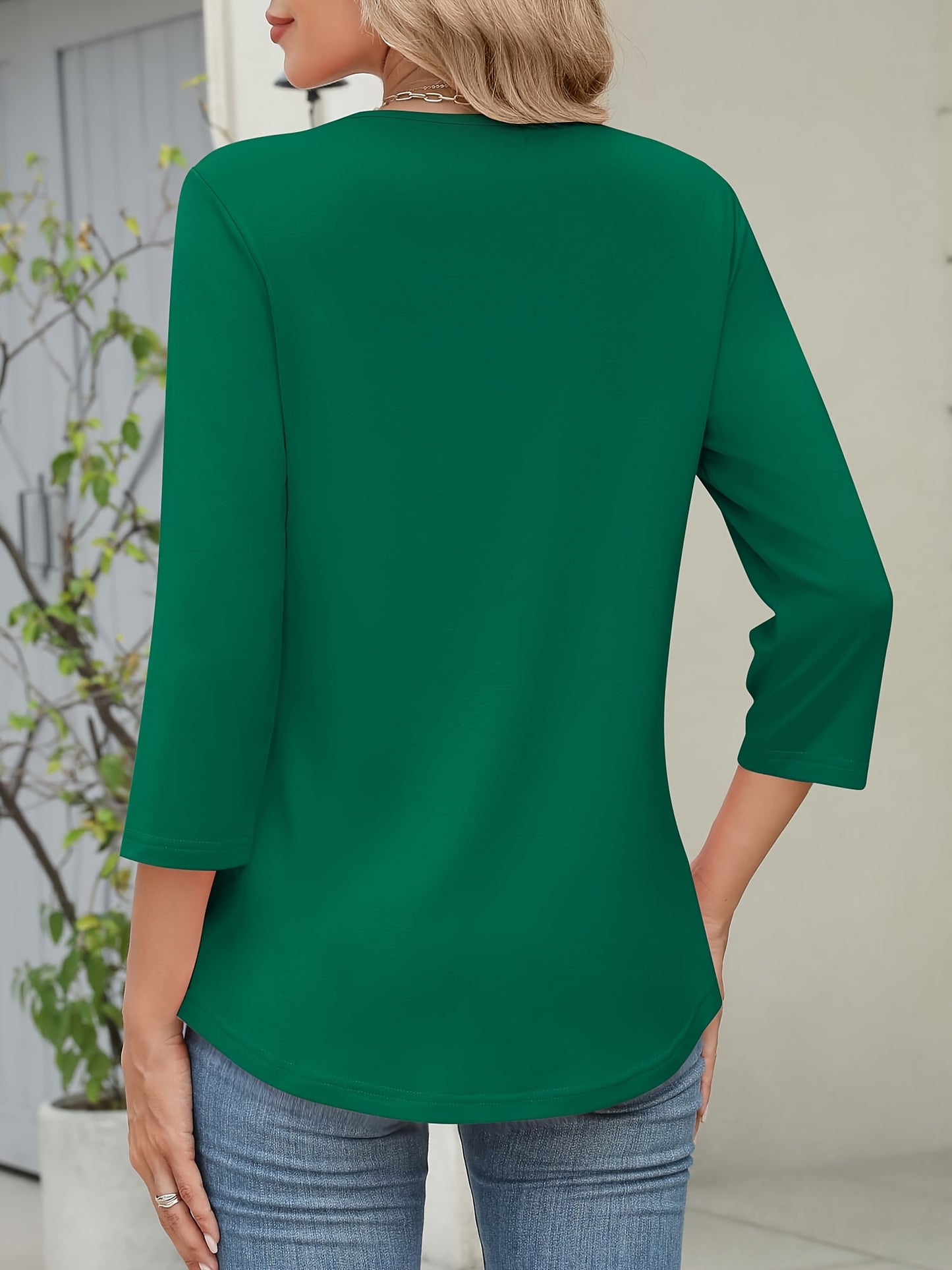 [Solid Color Crossover Shirt] Casual & Office Solid Color Women's 3/4 Sleeve V-Neck Crossover Shirt - Fall Top